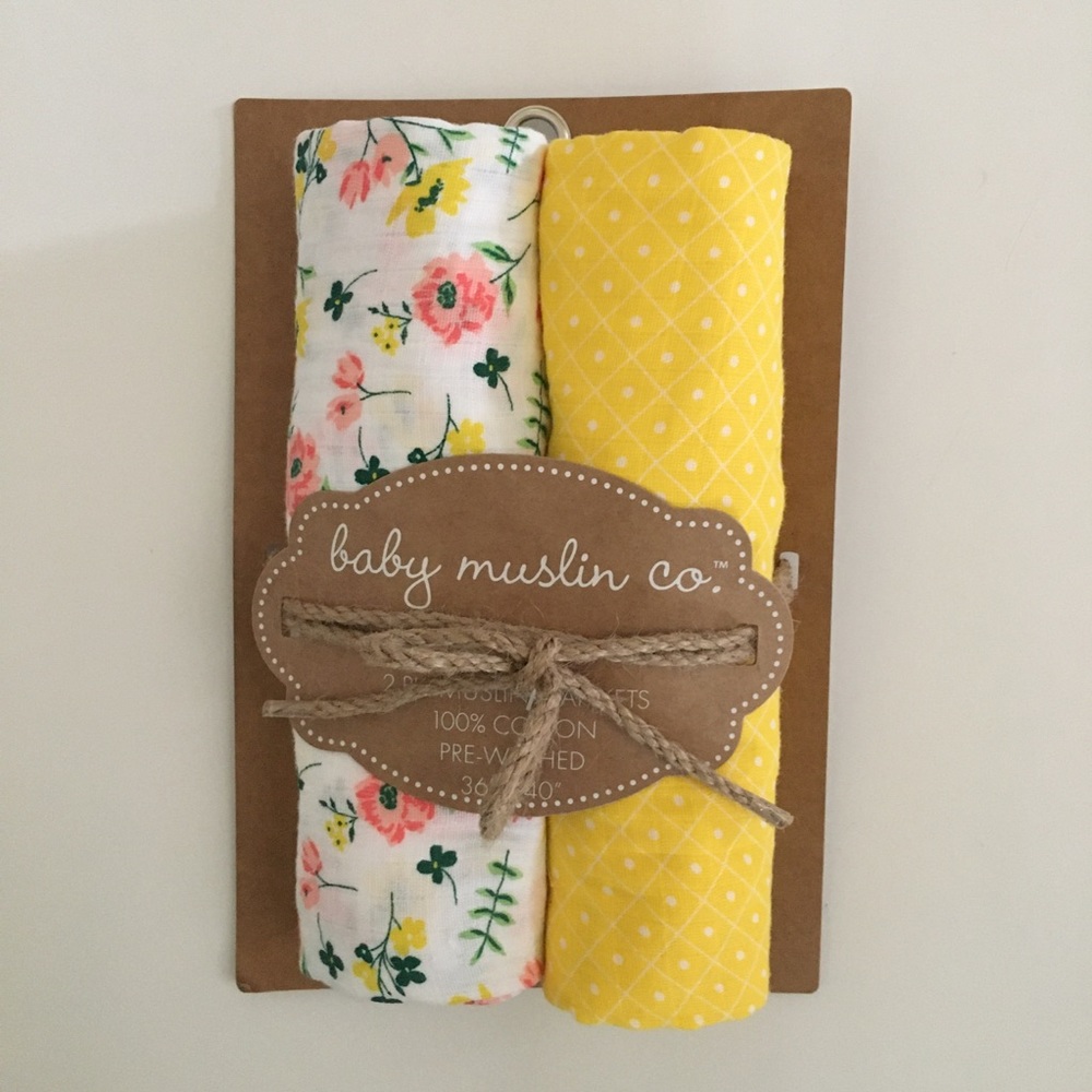 NEW Baby Muslin Co Cotton 2 Pk Blankets Set Floral Theme/Yellow Multi-use